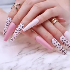 White Leopard, Pink And White Press On Nails