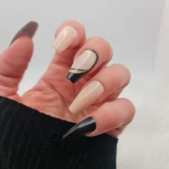 Long Beige Black Press On Nails