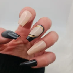 Long Beige Black Press On Nails -Primal Shop LongBeigeblack4