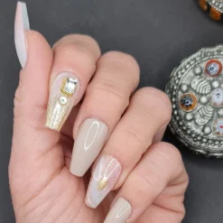 Nude Gold Marble Rhinestones Press On Nails