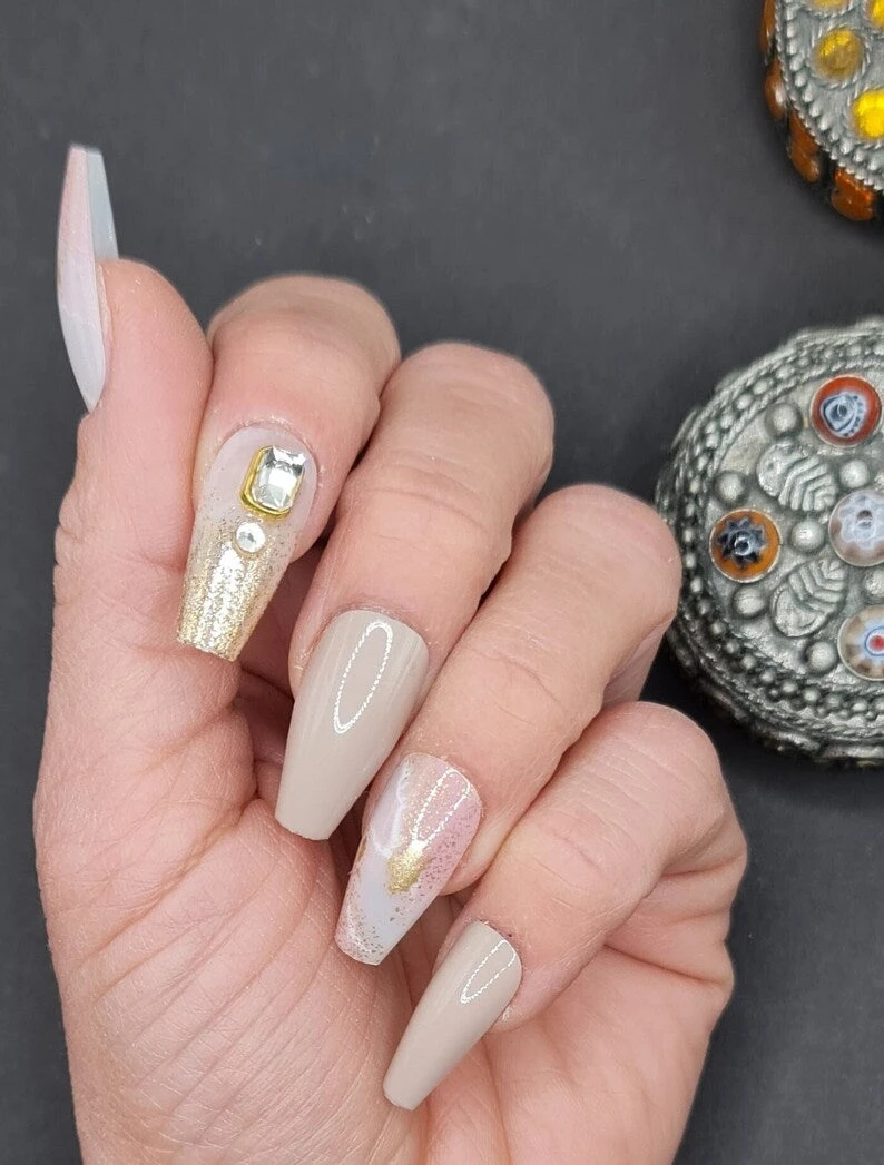 Nude Gold Marble Rhinestones Press On Nails 3 Nude Gold Marble Rhinestones Press On Nails